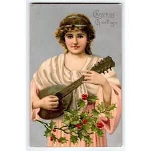 Christmas Postcard Lute Mandolin Guitar Women Musician Embossed Poinsettia 1907